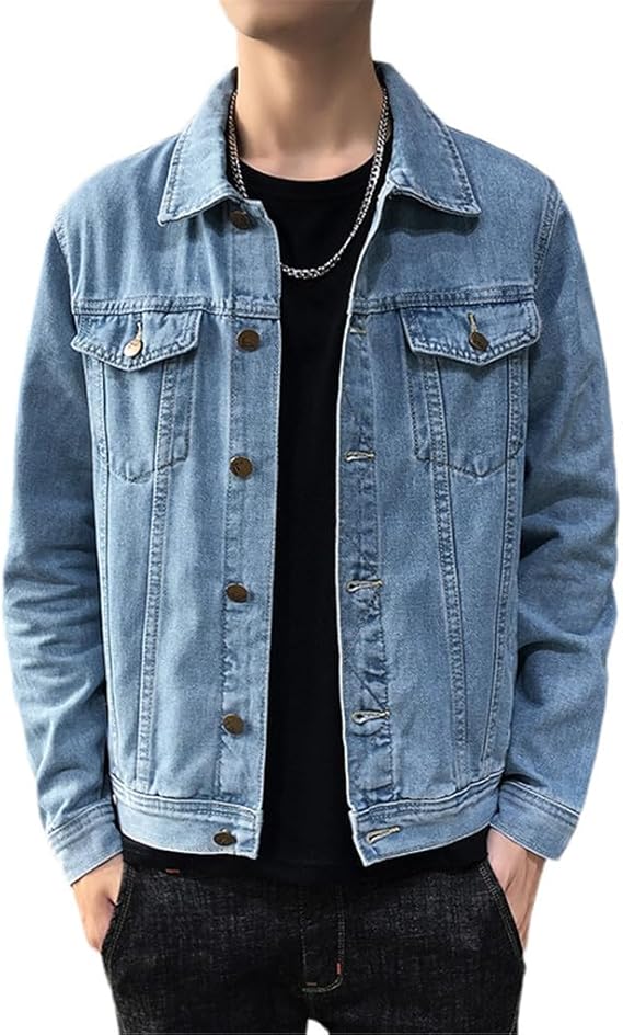 Dninmim Men Denim Jackets Casual Solid Lapel Single Breasted